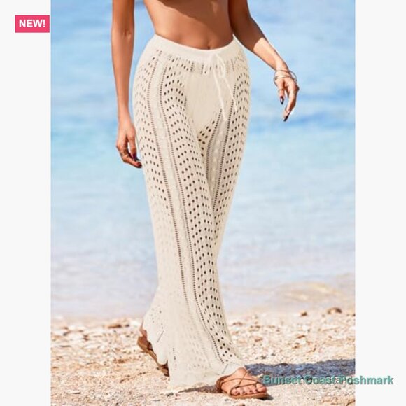 Crochet Mesh Knit Beach Cover Up Pants High Waist Drawstring - Picture 6 of 7